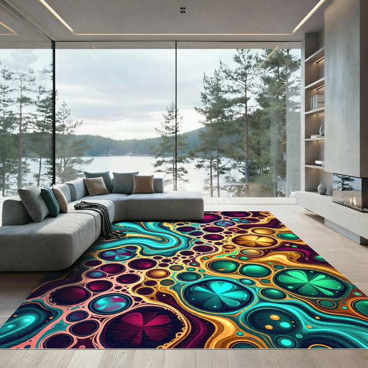 Vibrant Teal Gold Marbled Orb Rug