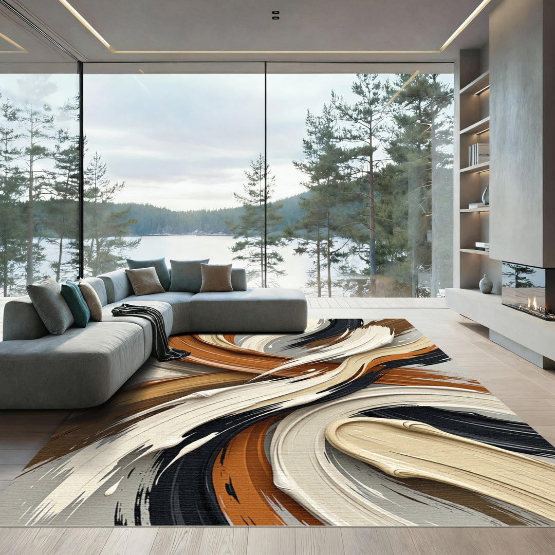 Abstract Swirls Cream Brown Black Rug