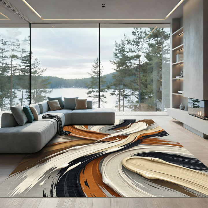 Abstract Swirls Cream Brown Black Rug