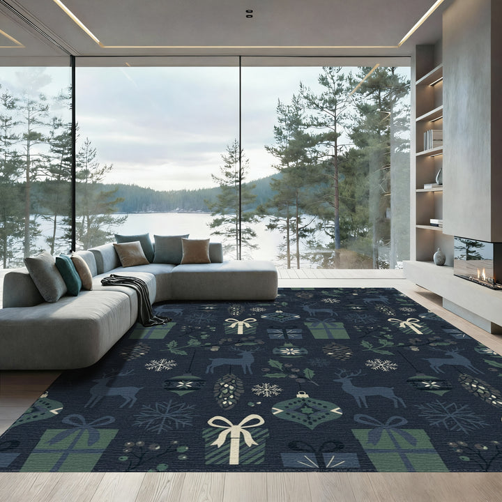 Deep Blue Winter Holiday Woodland Animals Rug
