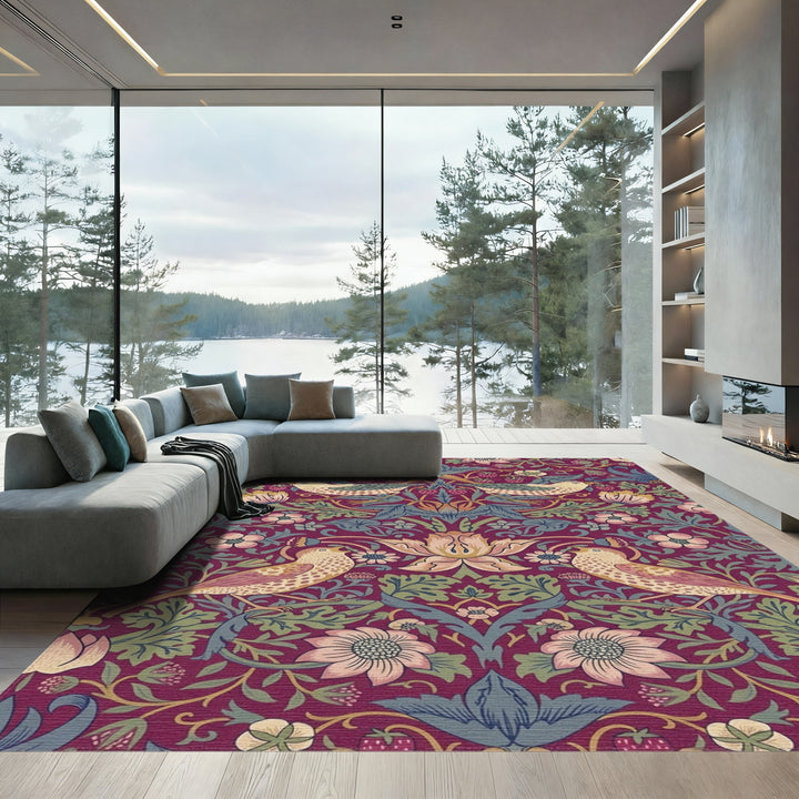 Burgundy Bird Strawberry Floral Tapestry Rug