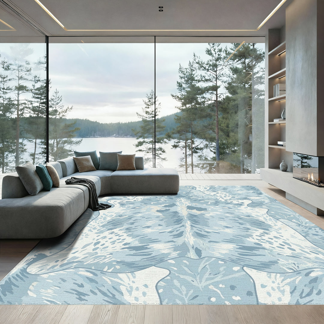 Blue White Watercolor Foliage Medallion Rug