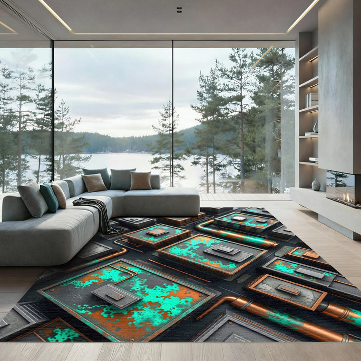 Industrial Green and Copper Rooftop Rug
