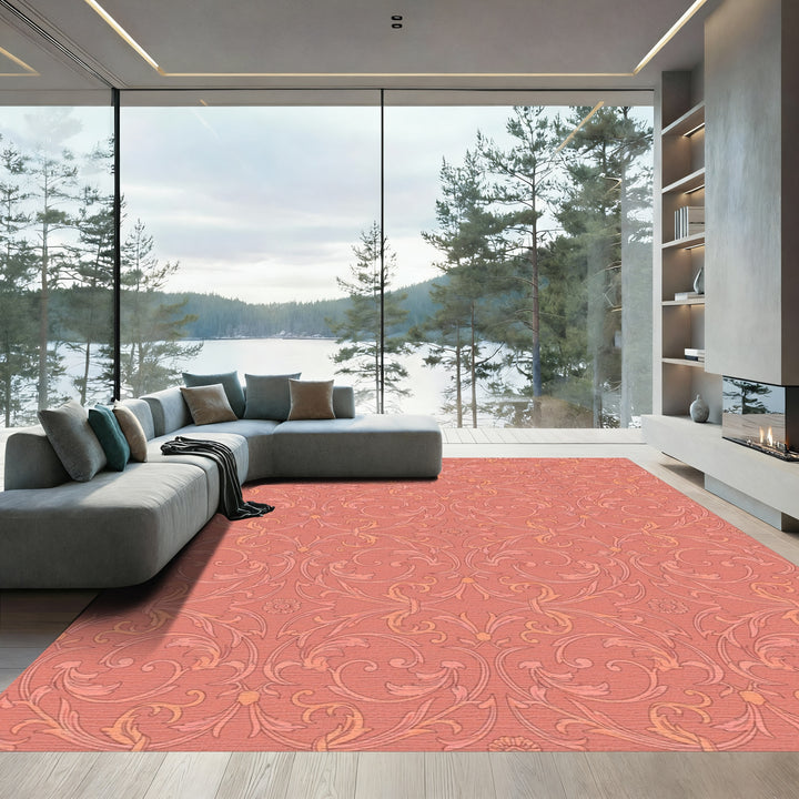 Coral Rococo Scroll Floral Rug