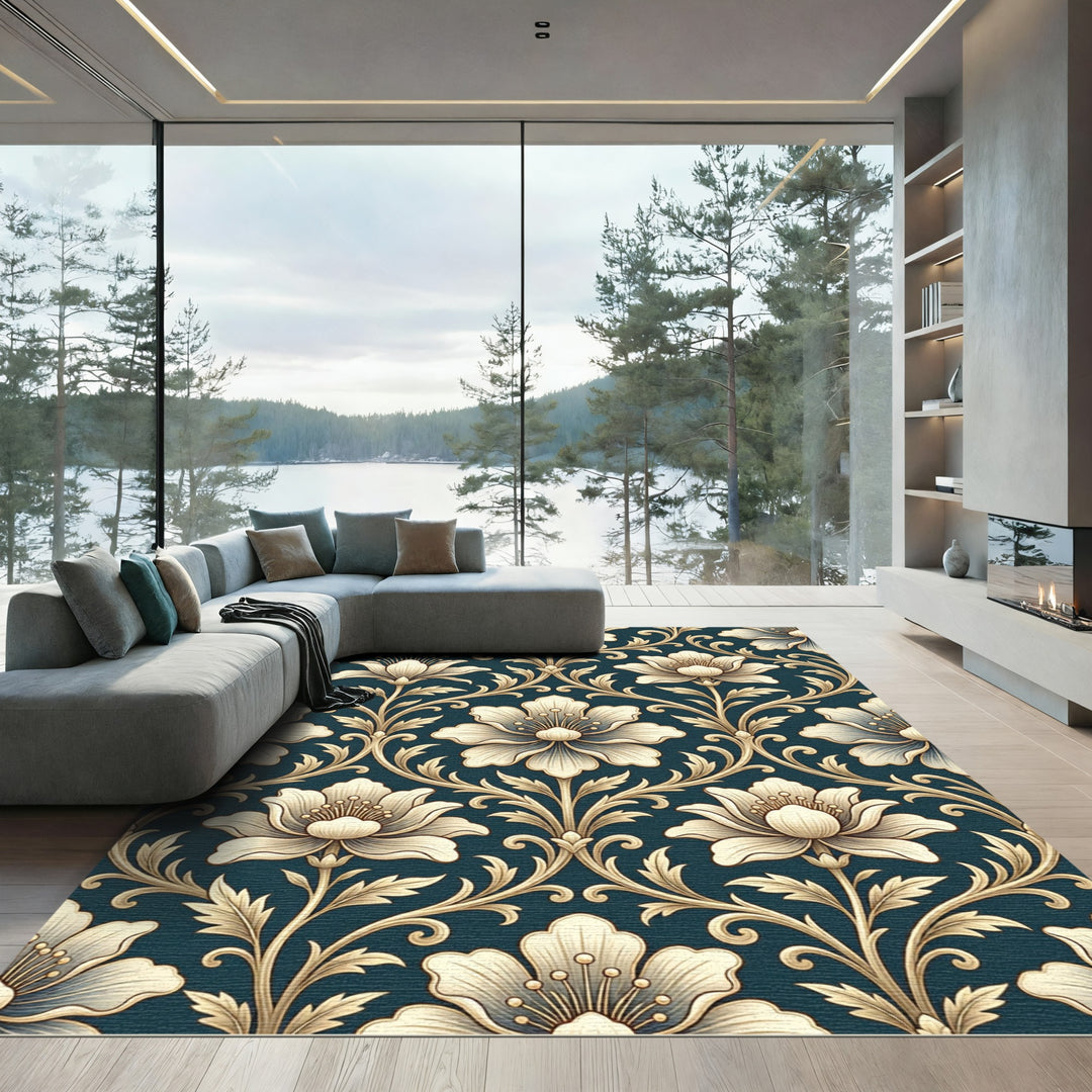 Vintage Gold Floral Damask Rug