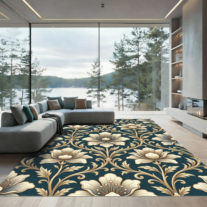 Vintage Gold Floral Damask Rug