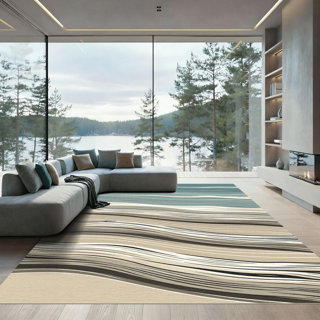 Abstract Blue and Beige Wave Rug