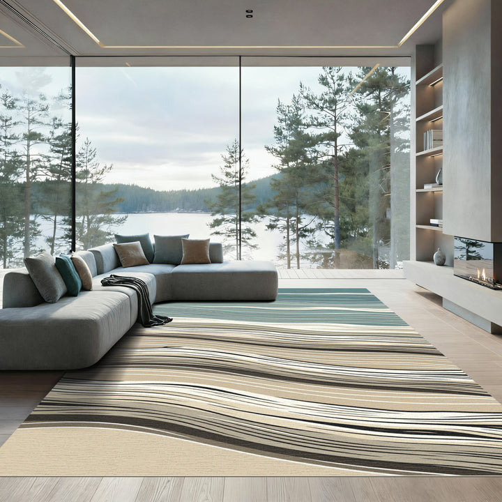 Abstract Blue and Beige Wave Rug