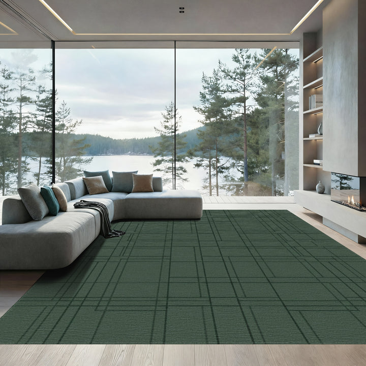 Deep Forest Green Geometric Lines Rug