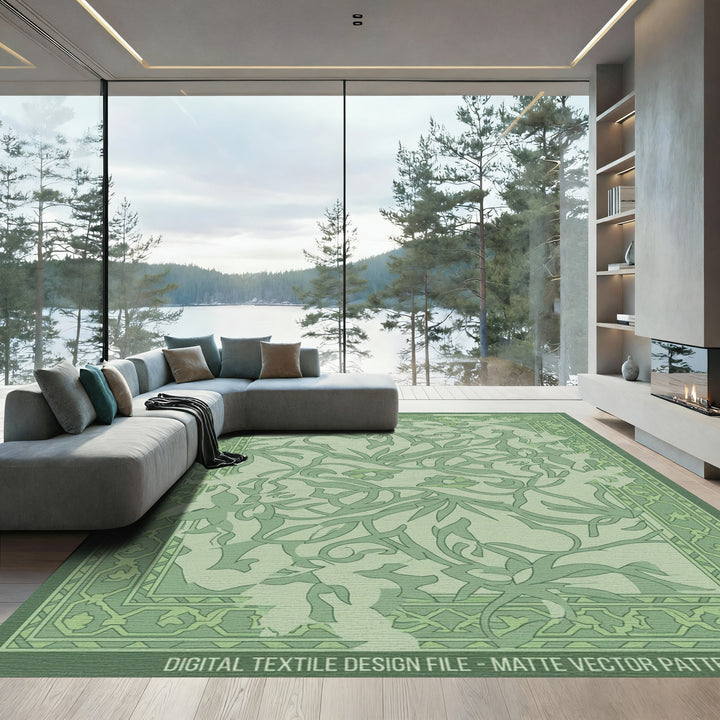 Emerald Green Floral Vine Art Nouveau Rug
