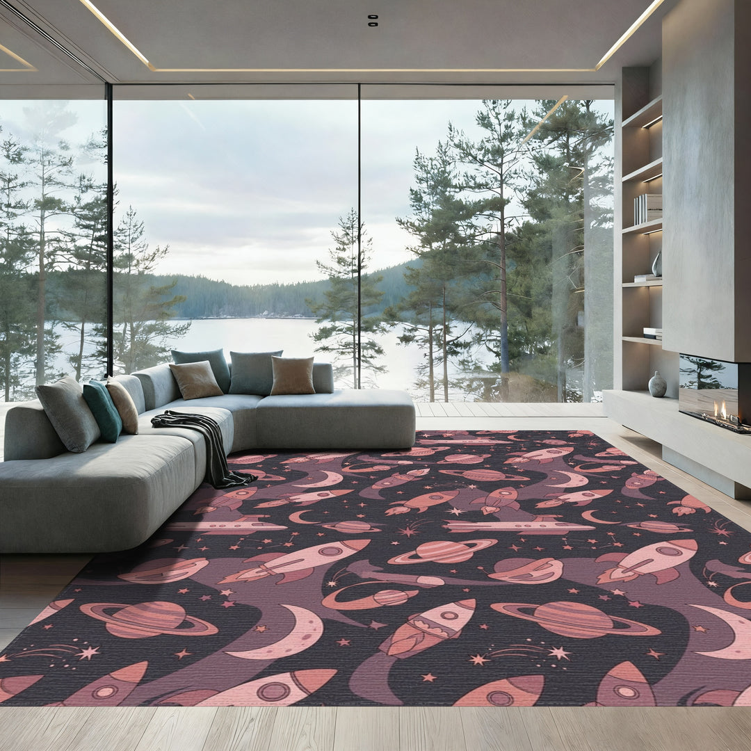 Cosmic Rockets Planets Starry Night Sky Rug