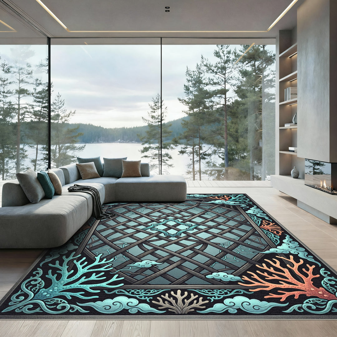 Aqua Coral Geometric Lattice Frame Rug