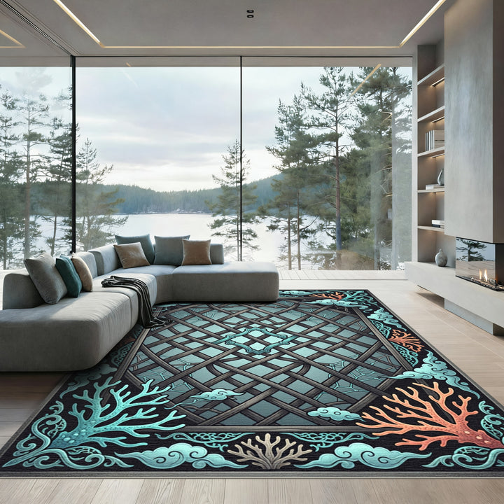 Aqua Coral Geometric Lattice Frame Rug