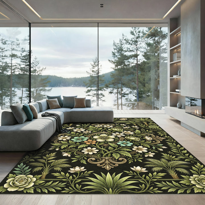 Ornate Emerald Floral Palm Rug