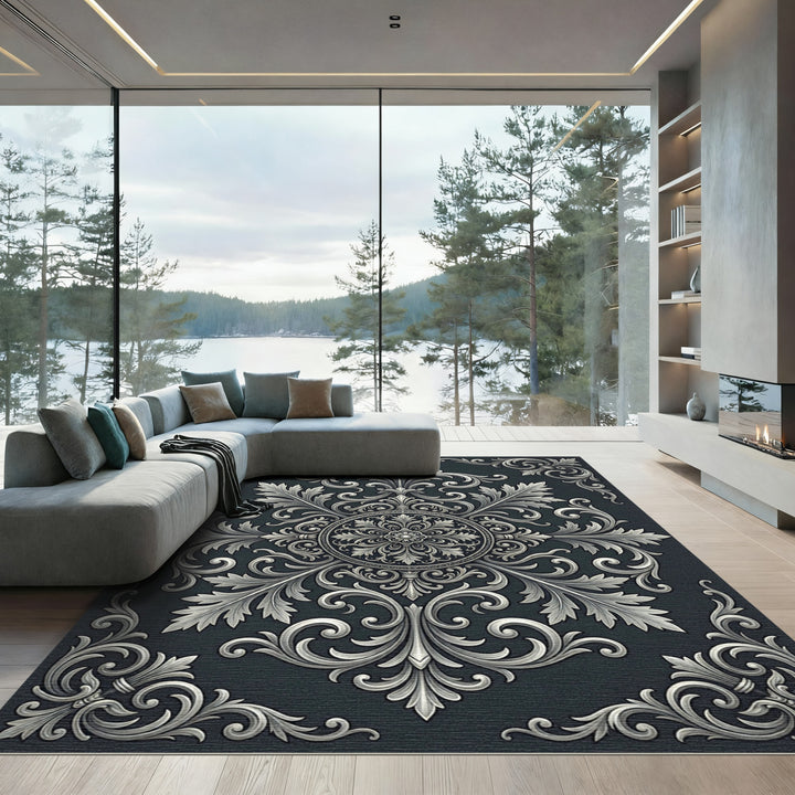 Ornate Damask Floral Silver Rug