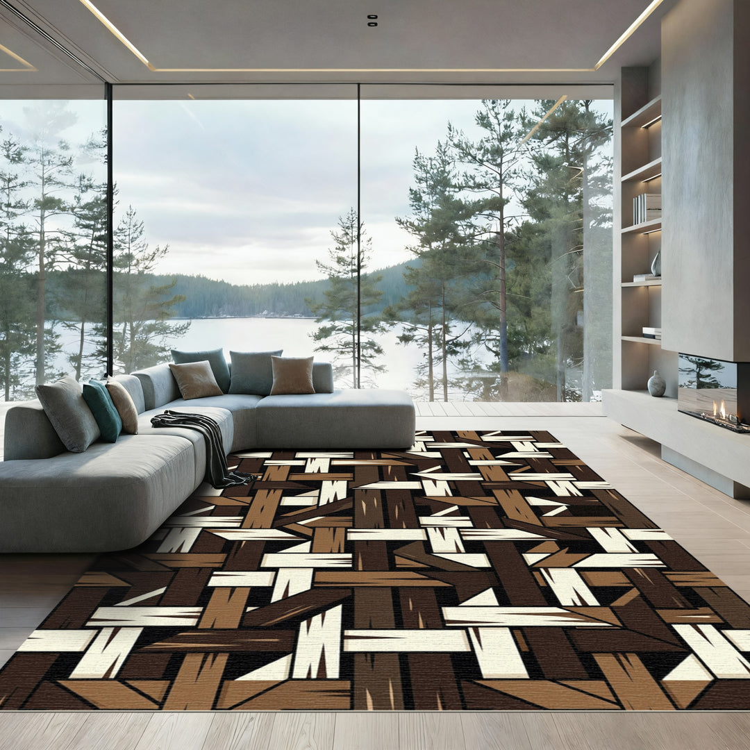 Brown Woven Texture Interwoven Bands Rug