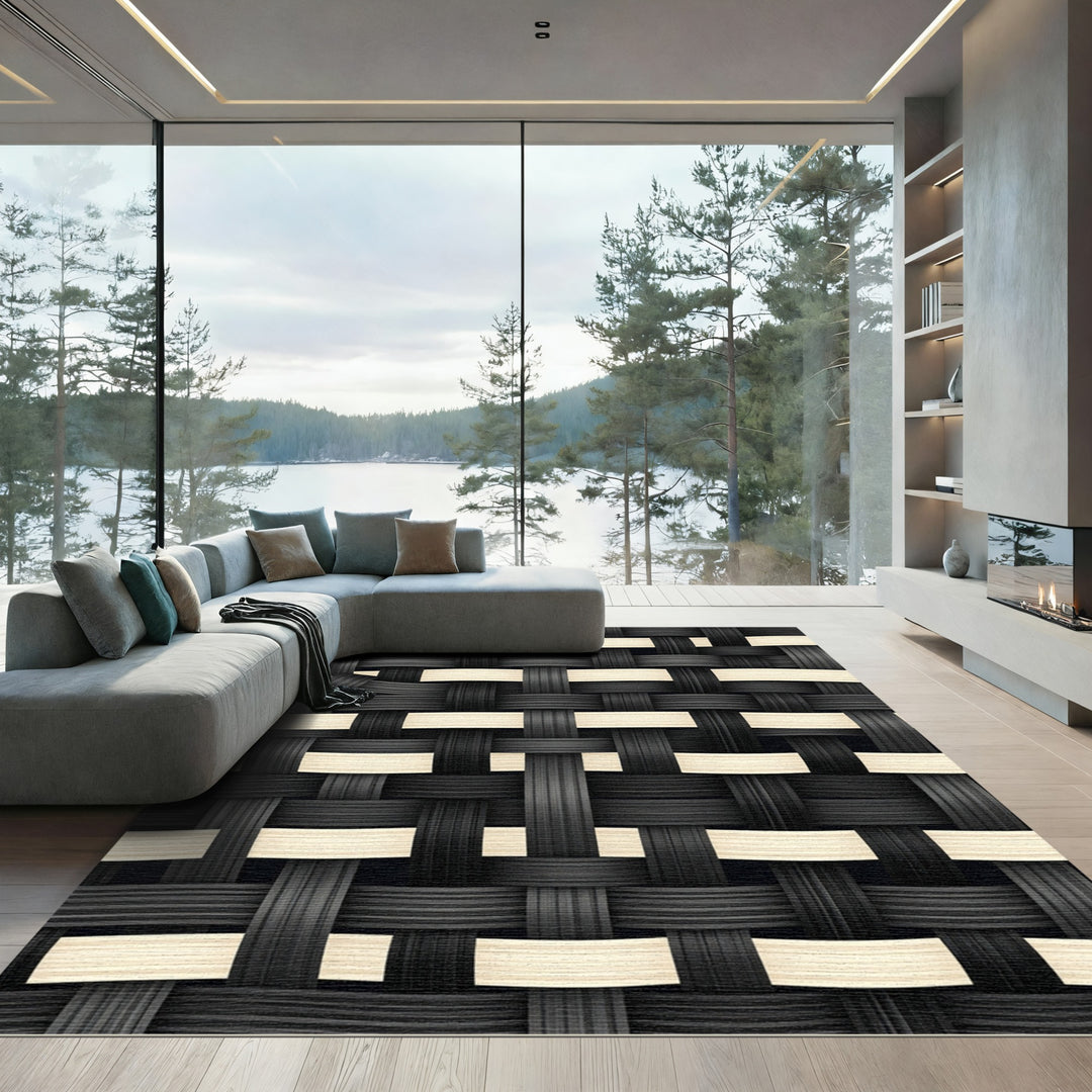 Black Beige Woven Basketweave Texture Rug