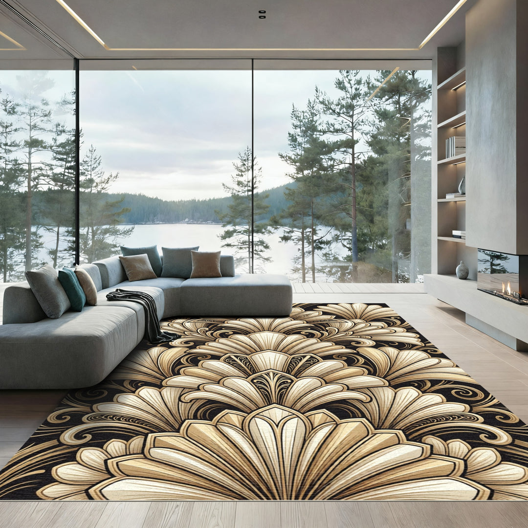 Elegant Gold Art Deco Relief Rug