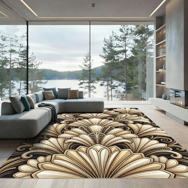 Elegant Gold Art Deco Relief Rug