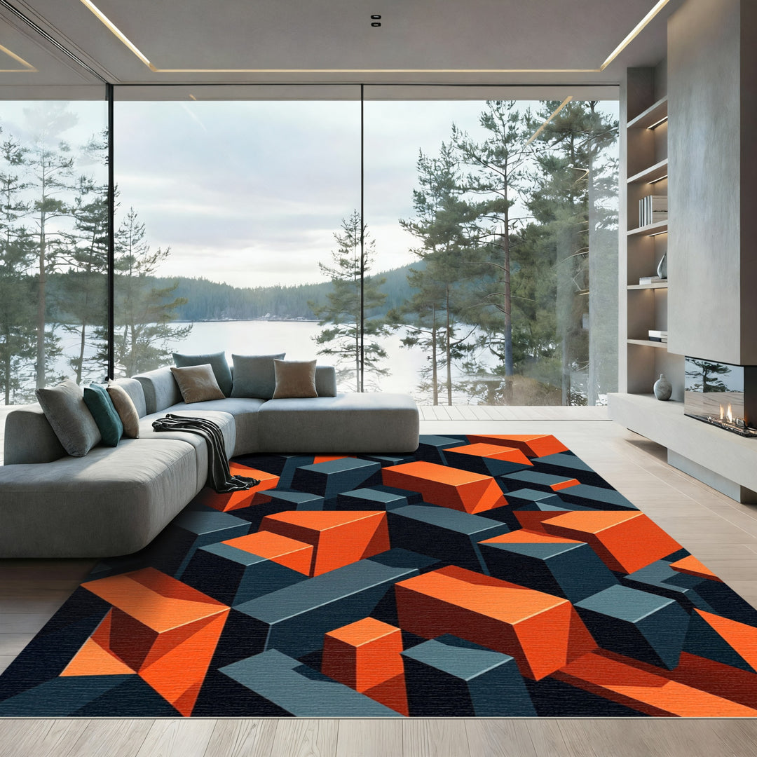 Orange Geometric Blocks Op Art Rug