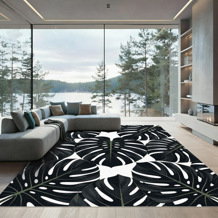 Dark green tropical monstera leaves Rug