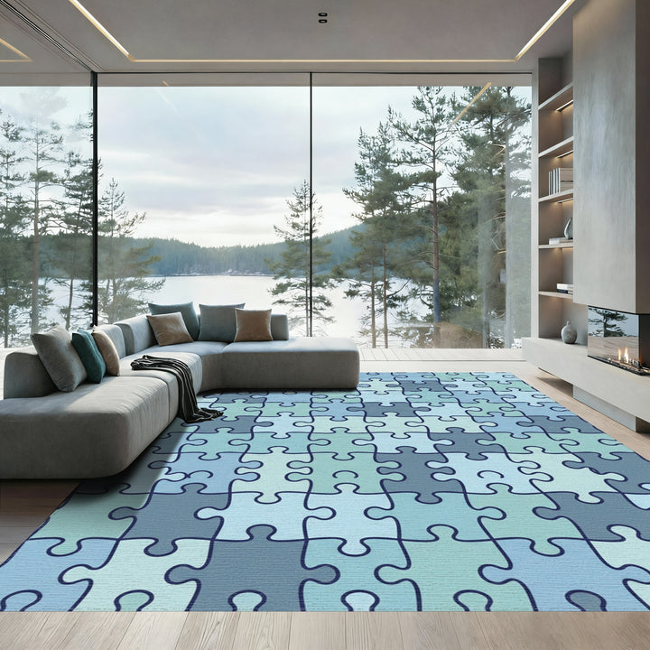 Cool Blue Interlocking Puzzle Pieces Rug