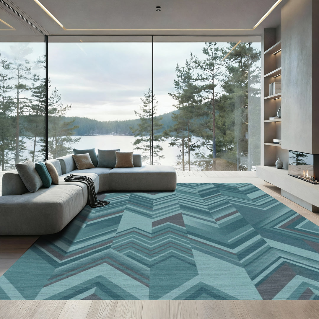 Teal Chevron Geometric Overlay Rug