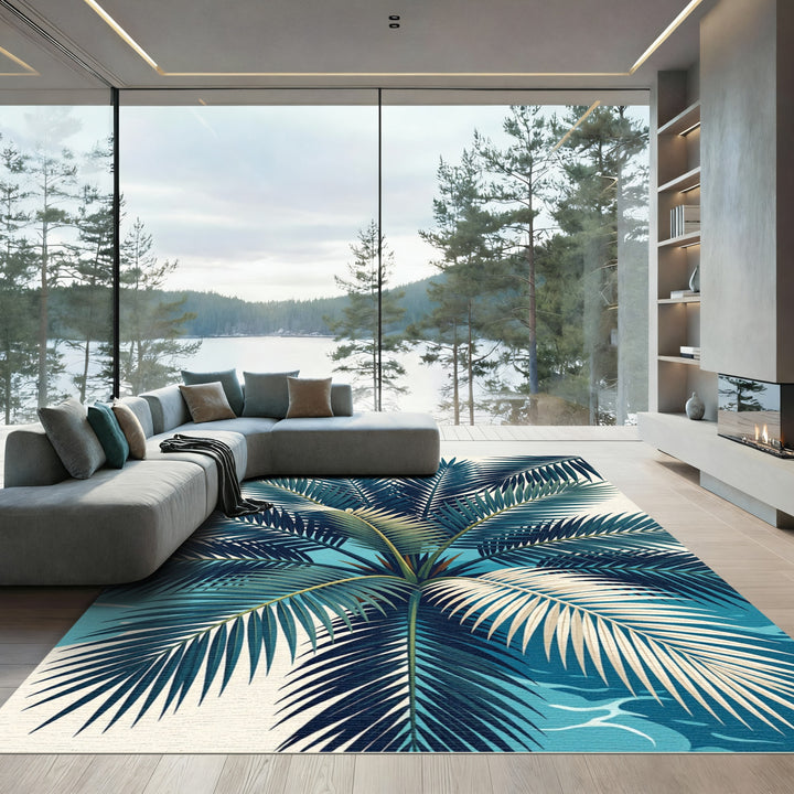 Deep Blue Palm Fronds Tropical Beach Rug