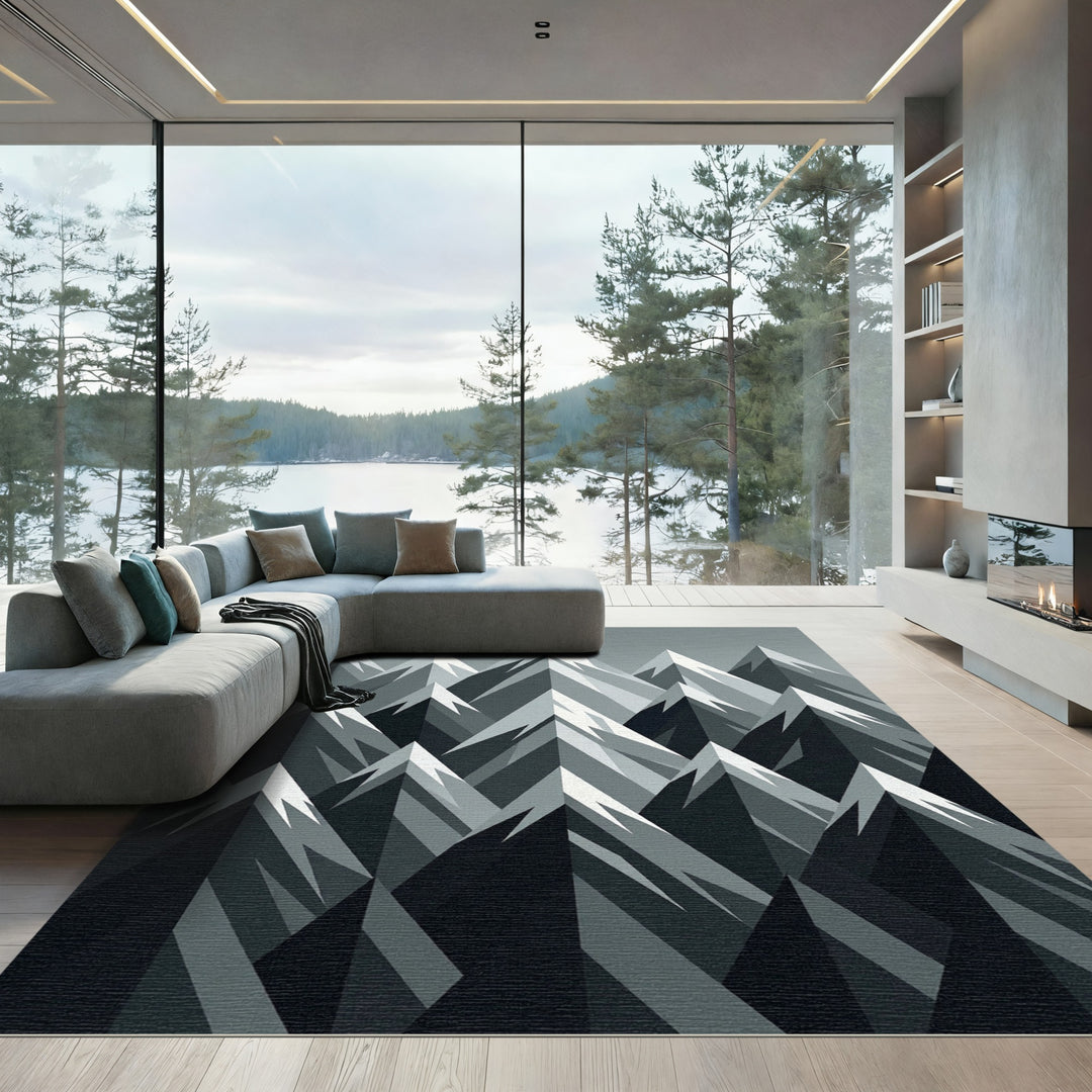 Geometric Mountains Black Gray Rug
