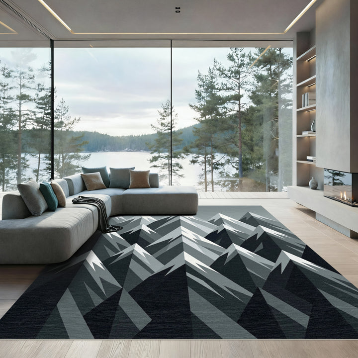 Geometric Mountains Black Gray Rug