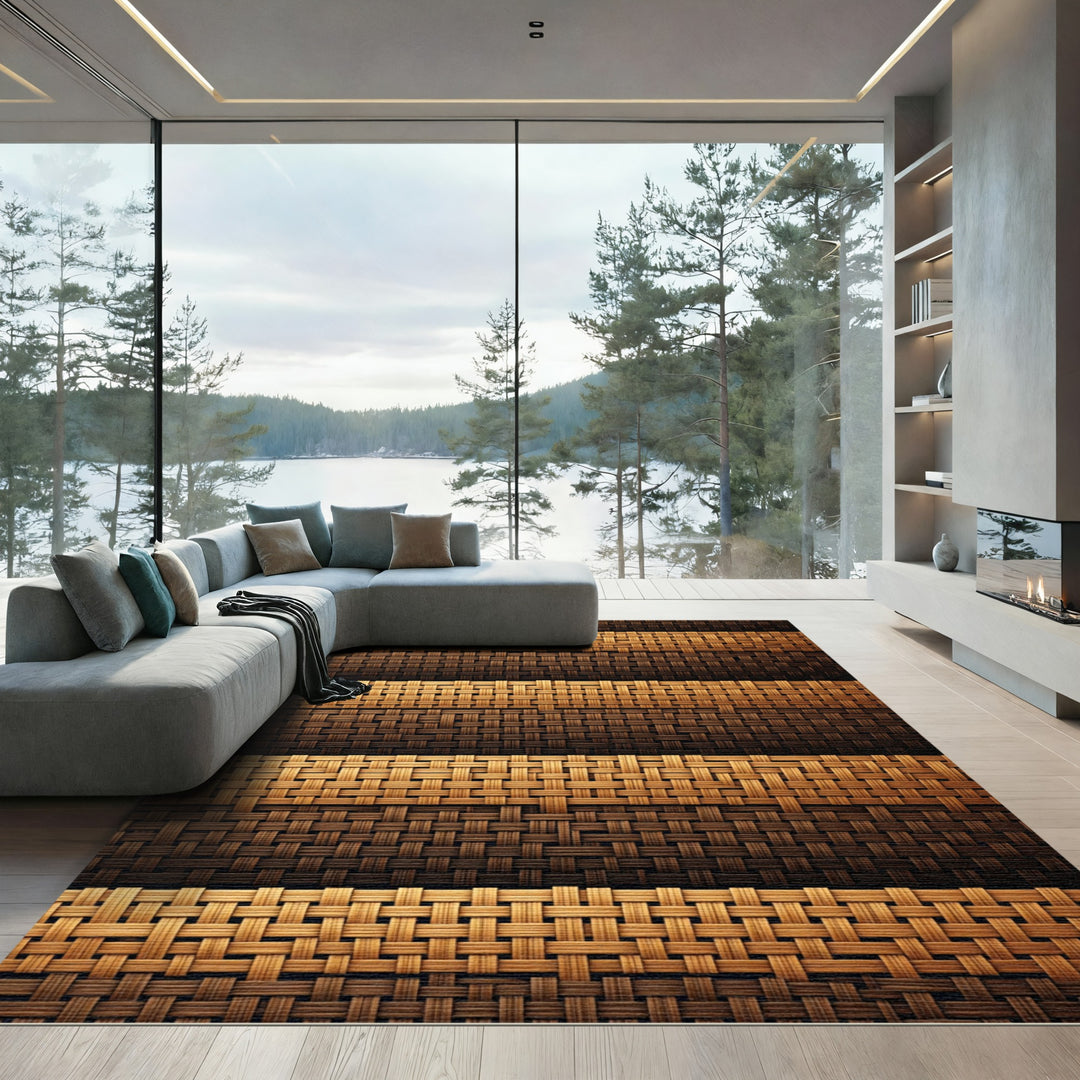 Earthy Tan Brown Woven Stripes Rug