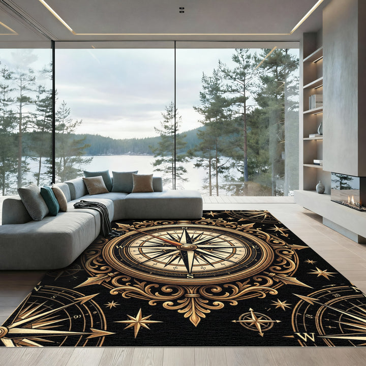 Ornate Gold Compass Nautical Rug