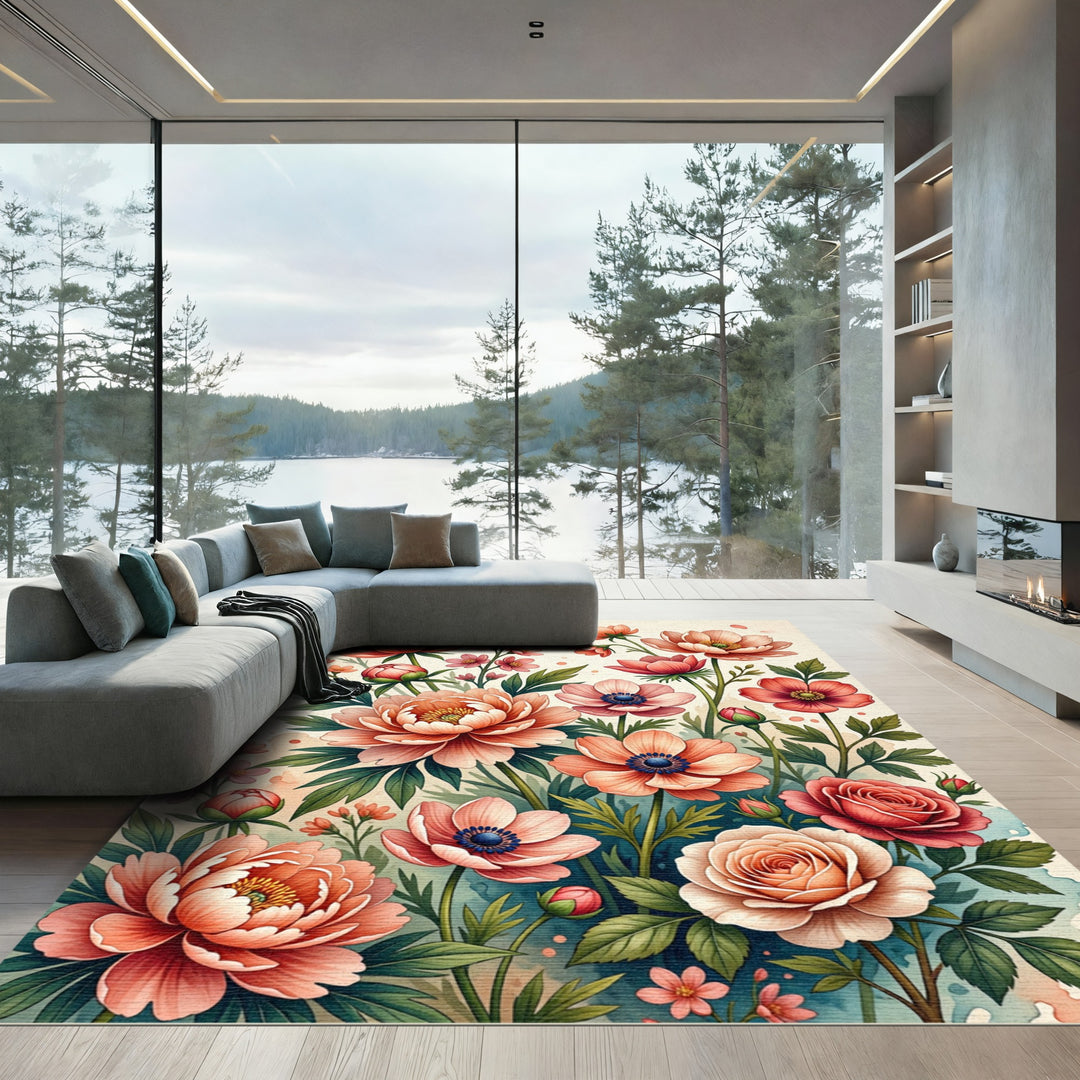 Coral Garden Floral Bloom Arrangement Rug