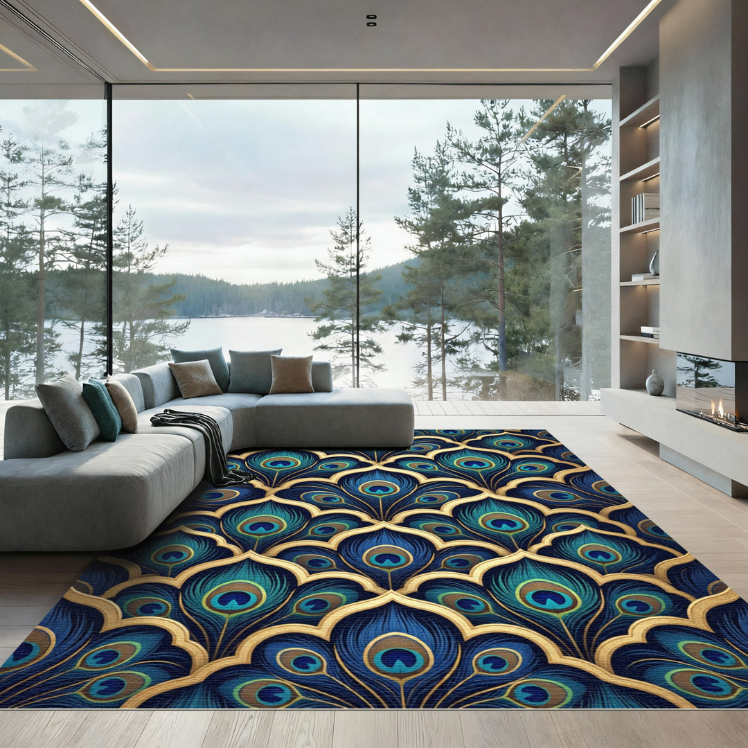Gold Peacock Feather Arabesque Rug