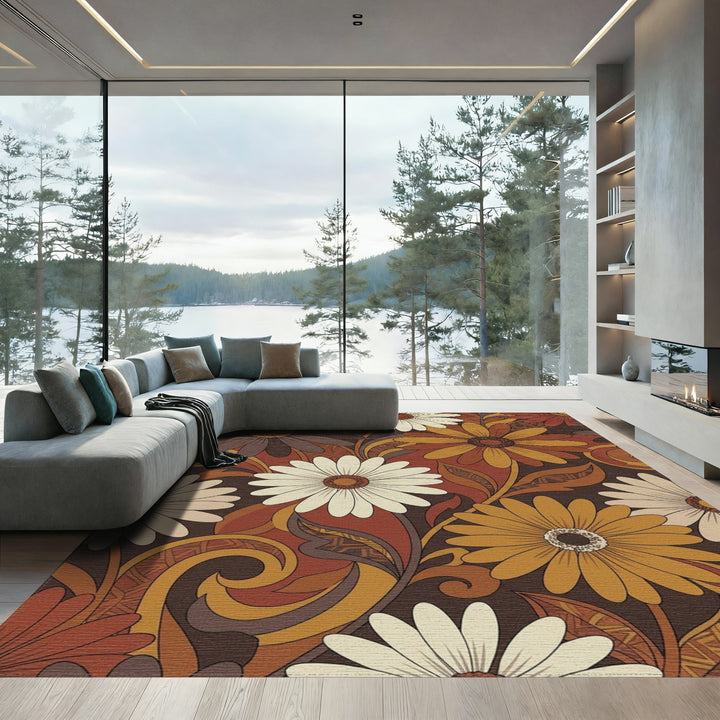 Retro Earthy Tone Floral Daisy Rug