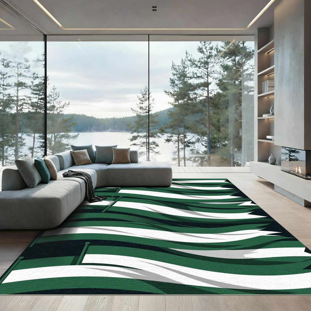 Emerald Green White Striped Waves Rug
