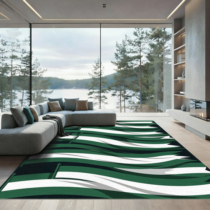 Emerald Green White Striped Waves Rug