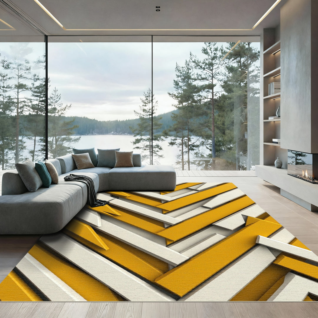 Golden Yellow White Intersecting Beams Rug