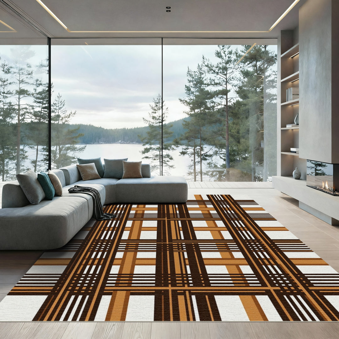 Brown Tan Plaid Crosshatch Rug