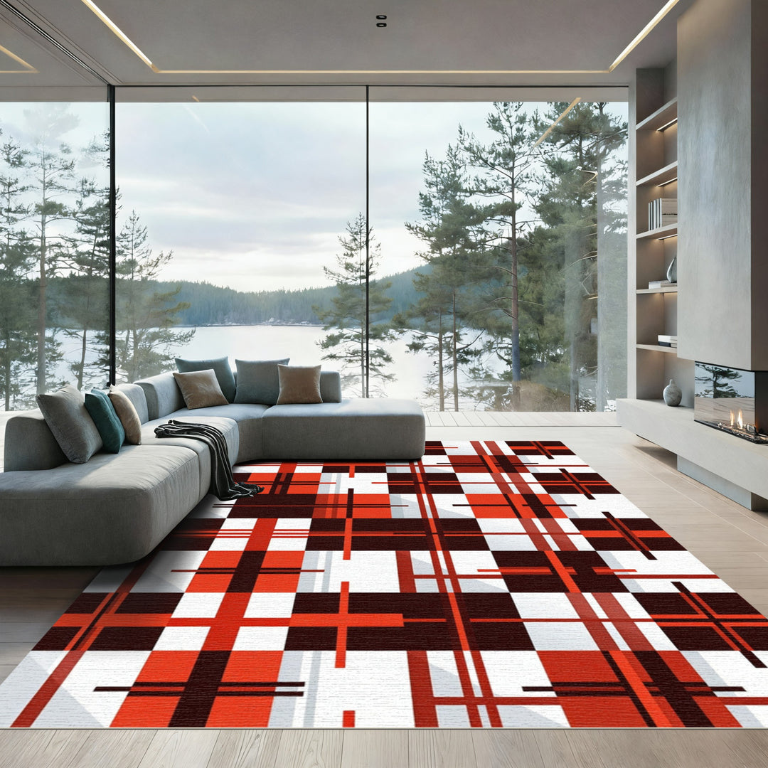 Bold Red Black White Plaid Grid Rug