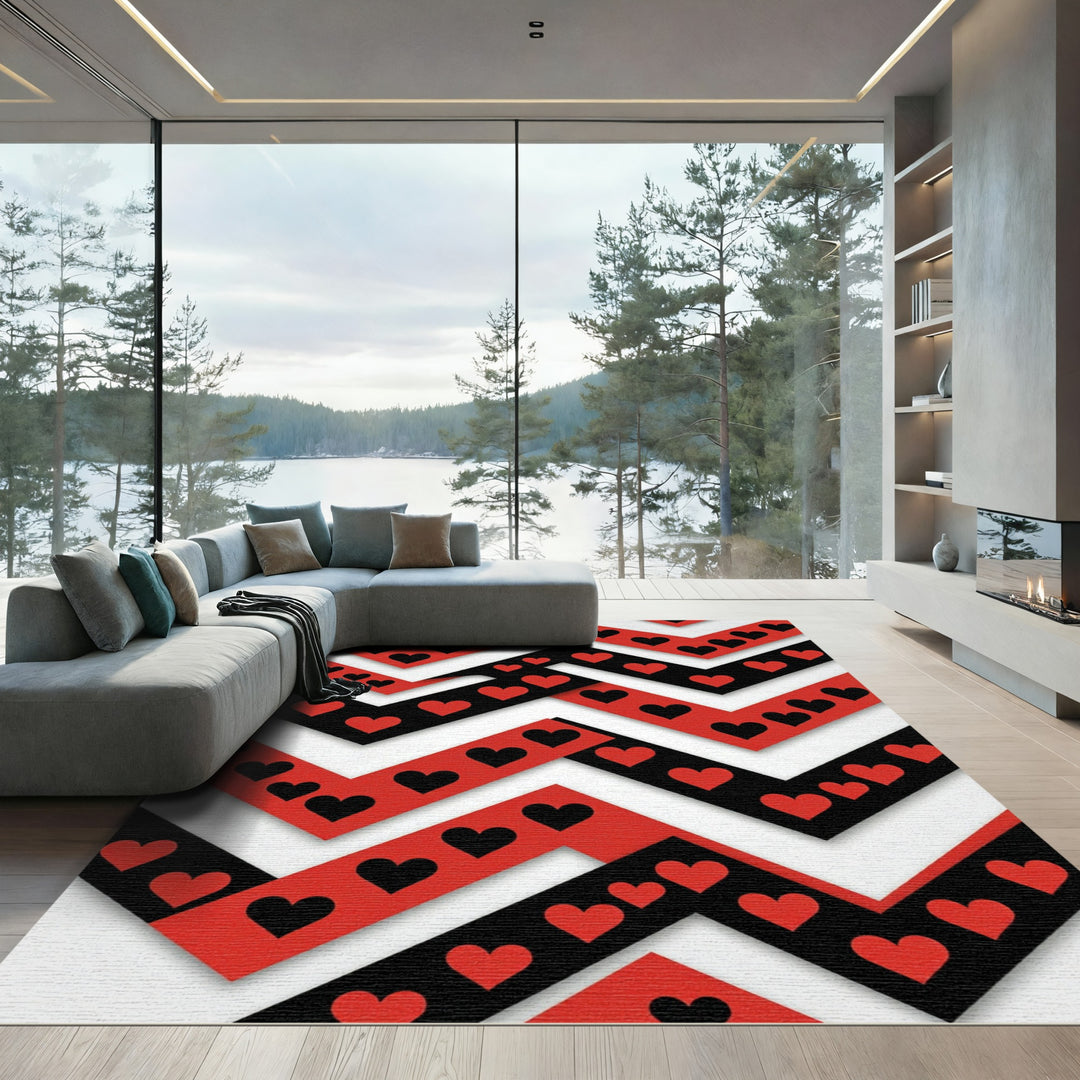 Bold Red Black Heart Chevron Rug