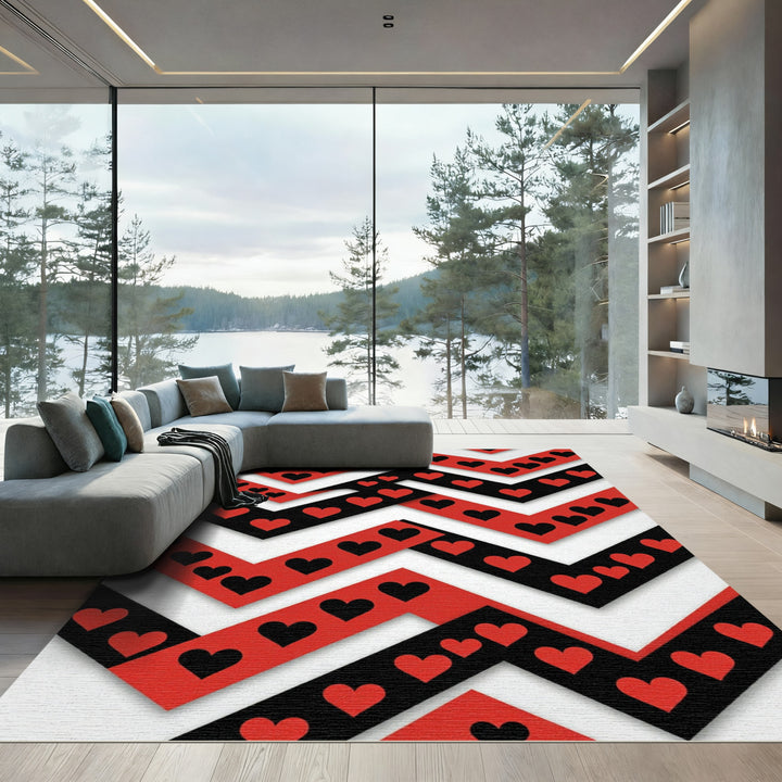 Bold Red Black Heart Chevron Rug