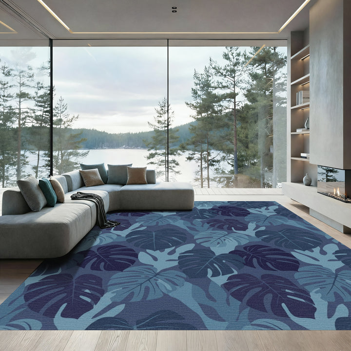 Deep Blue Tropical Monstera Leaves Rug