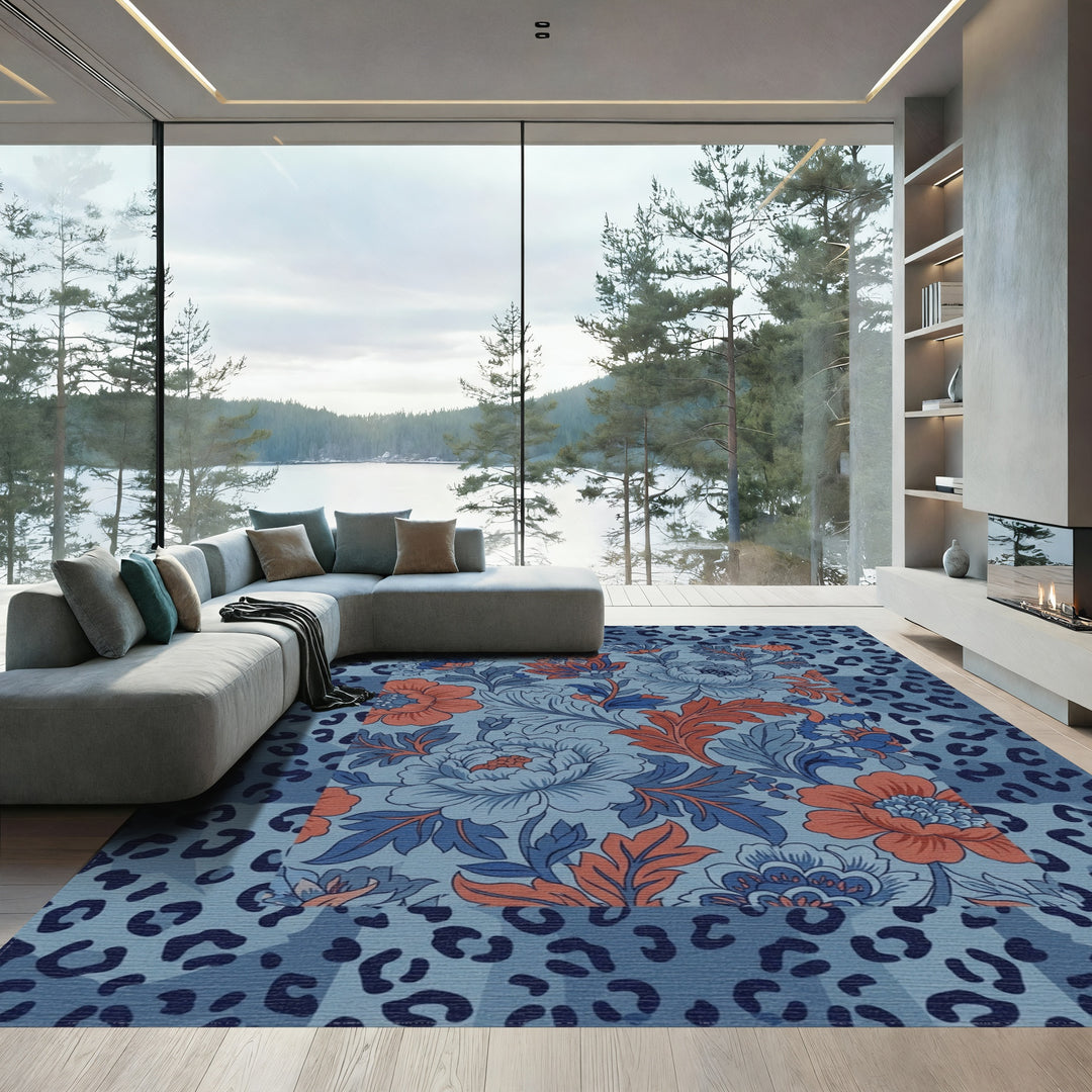 Blue Coral Floral Leopard Patchwork Rug