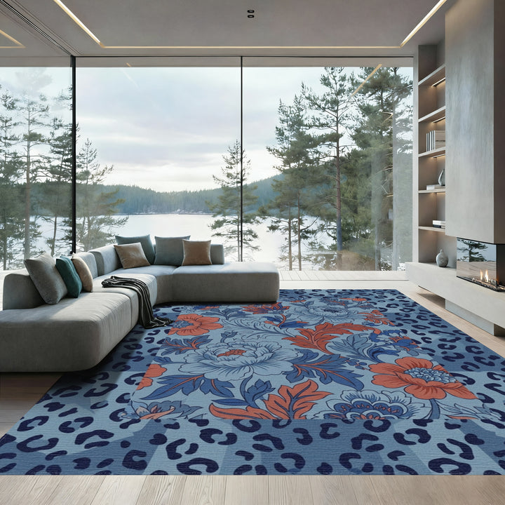 Blue Coral Floral Leopard Patchwork Rug