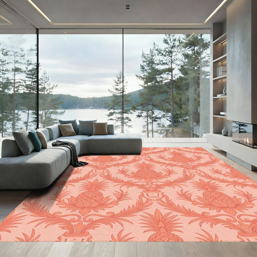 Coral Pineapple Damask Scroll Rug