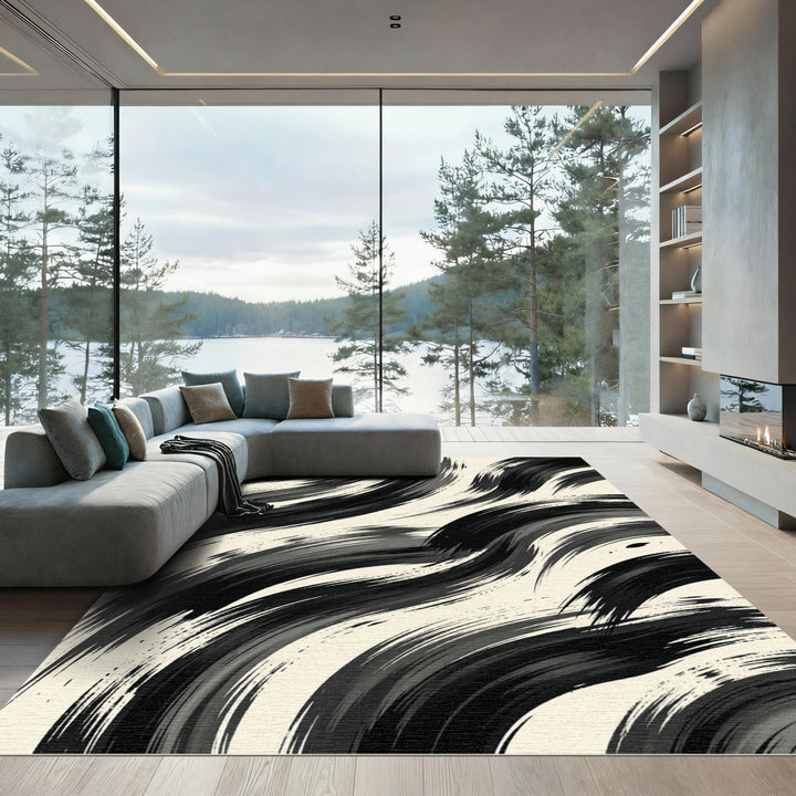 Bold Black White Brushstroke Waves Rug