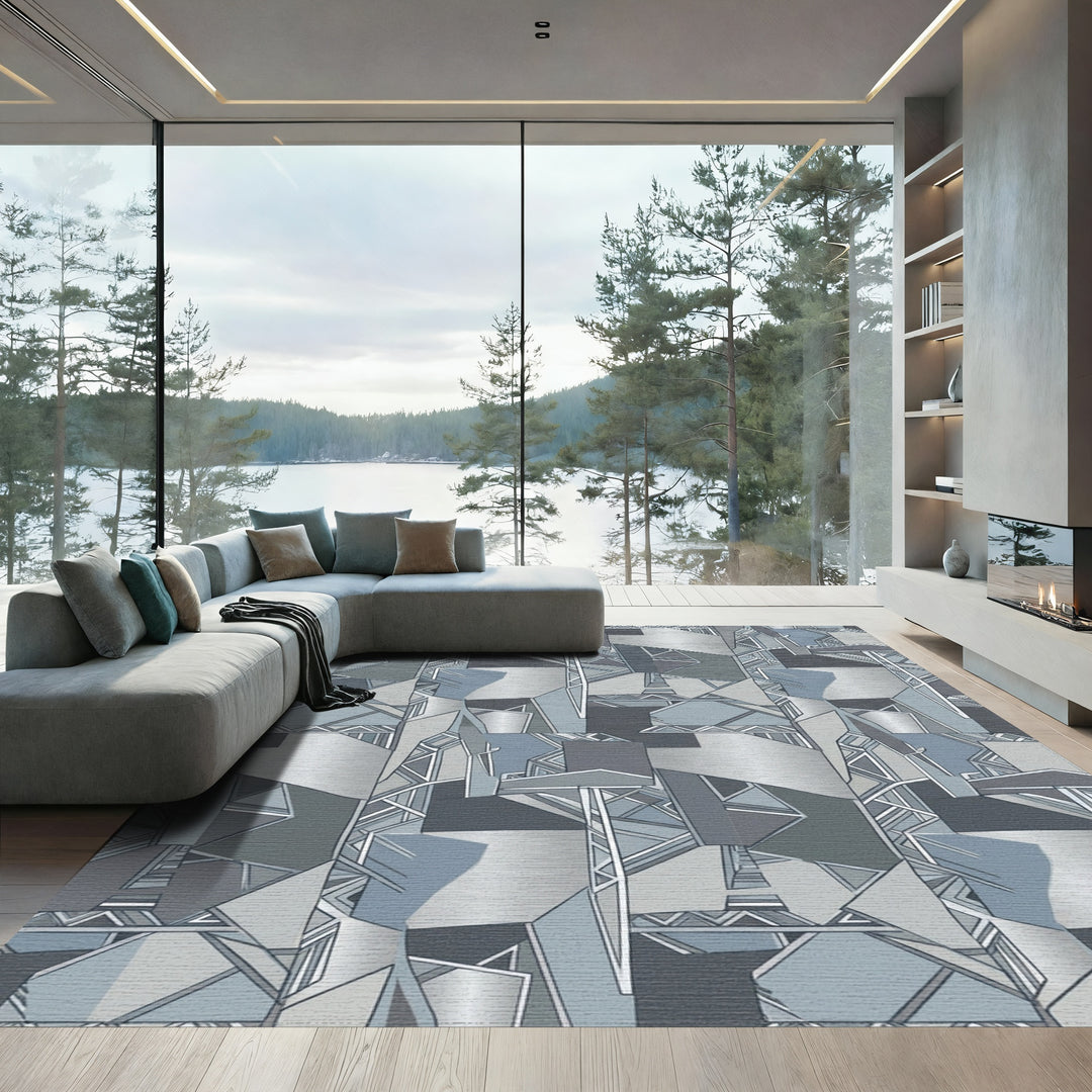 Abstract Geometric Steel Gray Shapes Rug