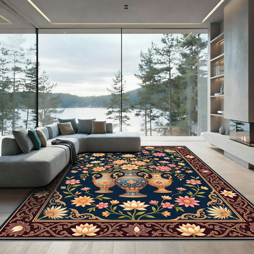 Ornate Blue Vase Floral Arrangement Rug