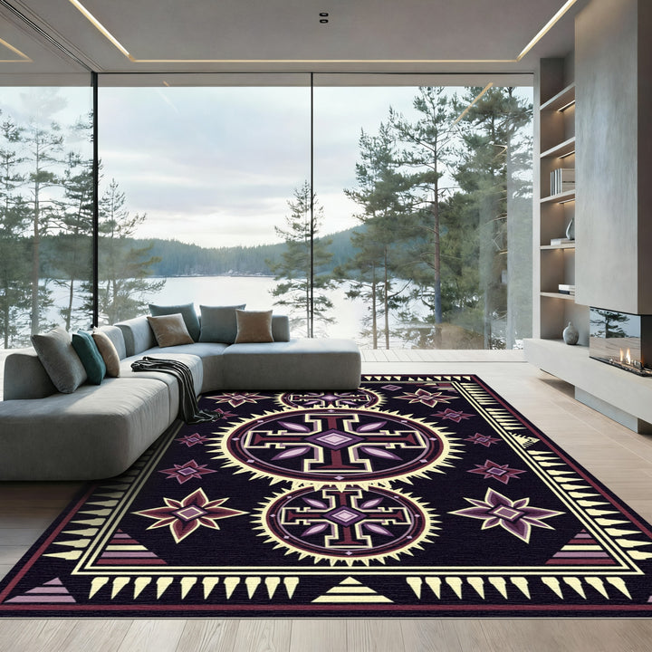 Ornate Purple Sunburst Cross Rug